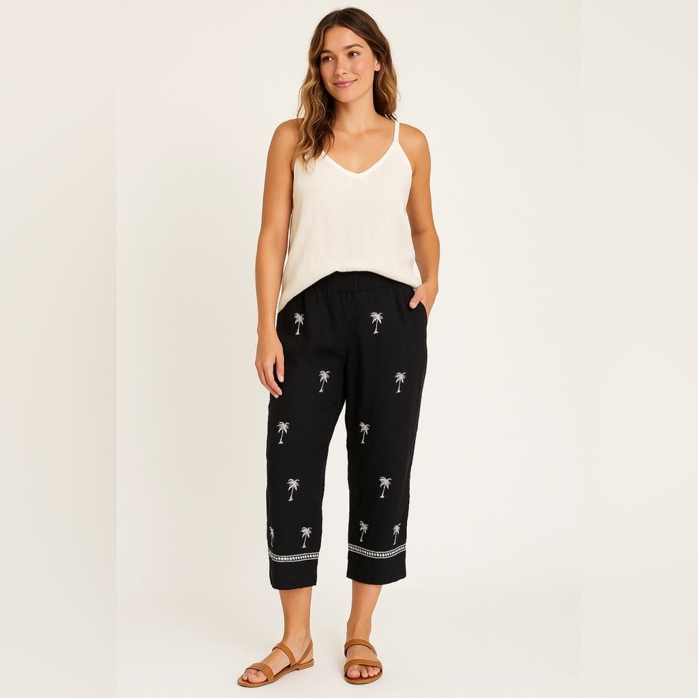 Paraphrase Linen Crop Ankle Pants Embroidered Palm Trees Black Size 14‎